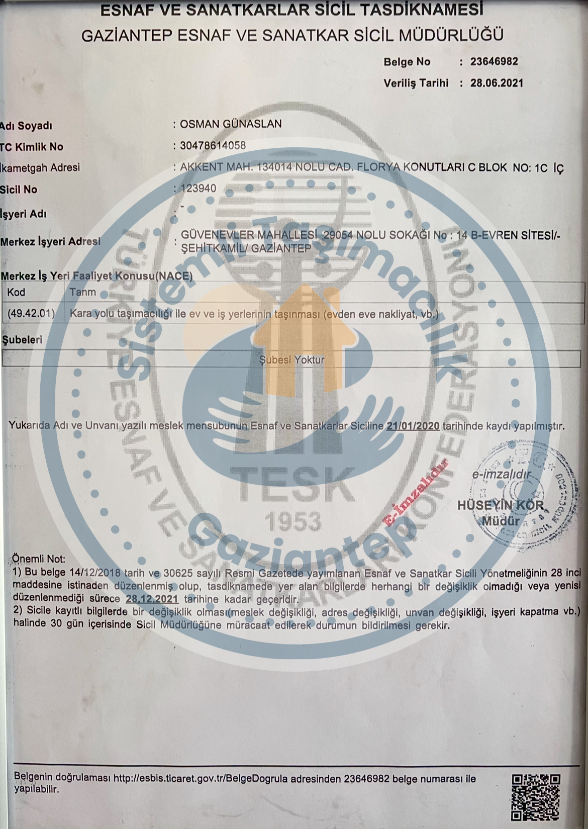 Esnaf ve Sanatkarlar Sicil Tasdiknamesi